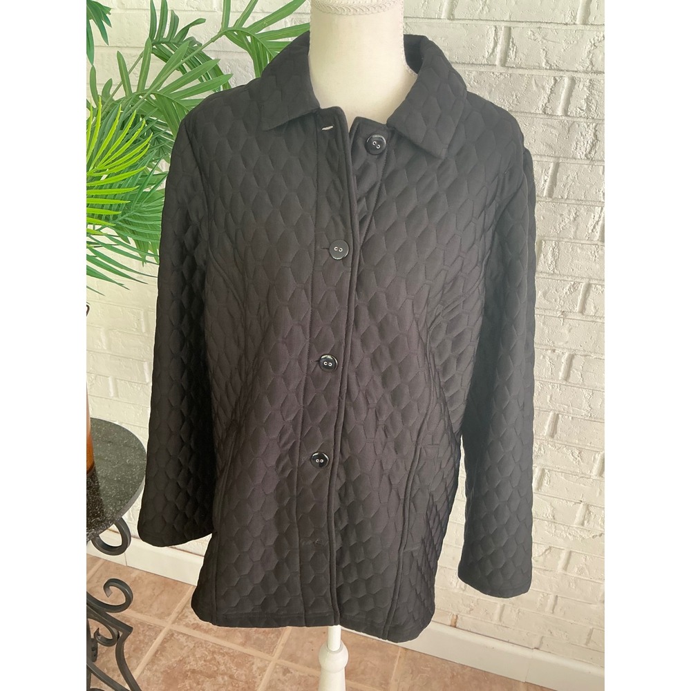 Chico's Quilted Jacket Women 2 Black Excellent Button Up Long Sleeve Textured
